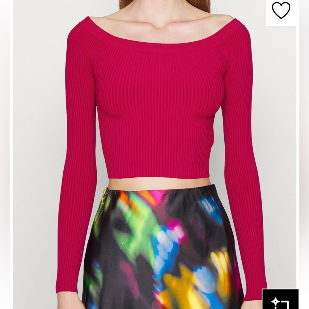 Alice + Olivia Fitted Ribbed Off-Shoulder Top in Raspberry Pink